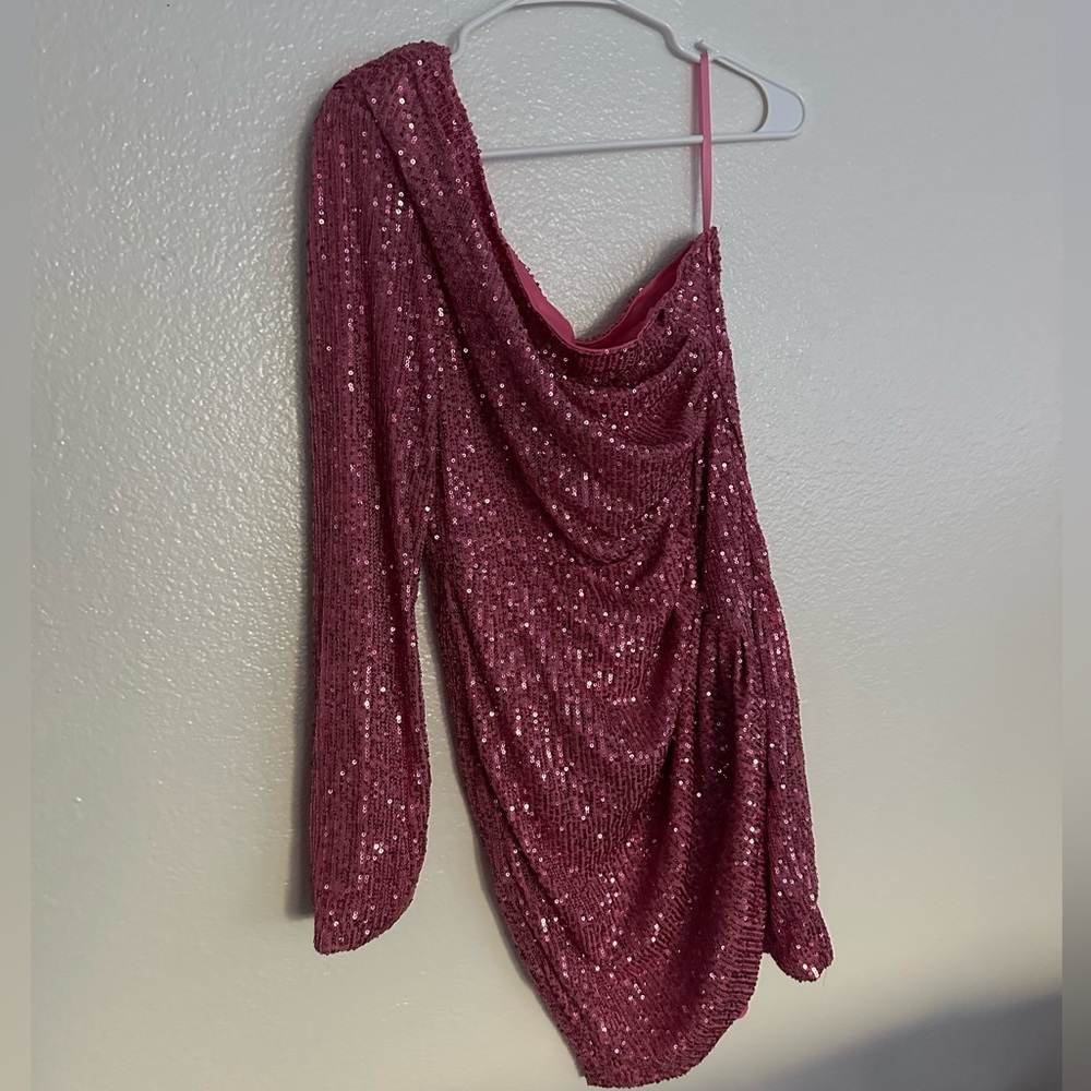 Fashion Nova One Shoulder Sequin Dress - Pink